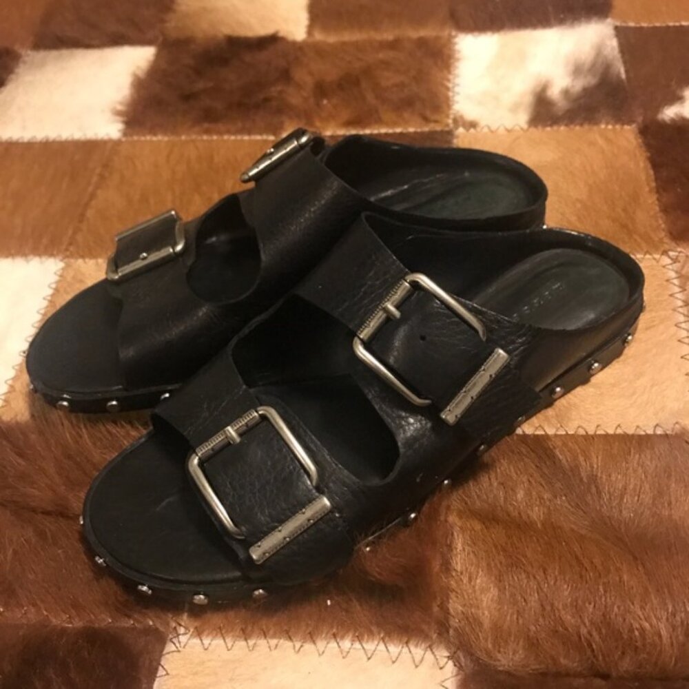 Mercer edit black leather double strap sandals silver studded studs